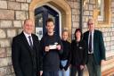 Garry Sharp and Ray Beckingham of the lodge present a cheque to café manager Zoe Barker, Sally Wilcock and Ryan Taylor of the cycle project.