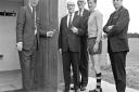 The new clubhouse that members of Hornets Rugby Club have built themselves was officially opened in time for the start of the new season. Mr. R.E. Prescott, Rugby Union secretary, opening the clubhouse. Onlookers are Mr. W. Strachan (president), P.G. Dime