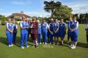St Andrews captain of the day Sue Sinclair receives the Fear Cup runners-up trophy from Somerset county ladies' president Sandra Every.