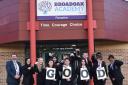 Broadoak Academy principal Danny McGilloway and pupils celebrate the school’s ‘Good’ rating from Ofsted.