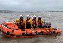 Weston's D class lifeboat named ‘The Adrian Beaumont’ with crew in Weston Bay.