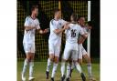 Nailsea & Tickenham celebrate Joe Berry’s goal, the fifth of the evening, at Cheddar.