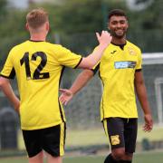 Nathaniel Groom celebrates his goal against Wellington with Oscar Collins in Cheddar's first pre-season friendly.