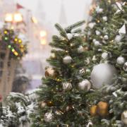 A closeup shot of a Christmas tree with ornaments and covered in snow with a blurred background
