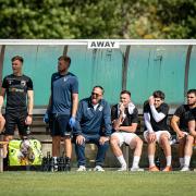 The Weston AFC bench during the Southern League Premier South game between Poole Town and Weston on Saturday August 20 2022 at The BlackGold Stadium, Poole, Dorset.