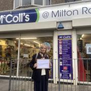 Cllr Gibbons petitioned outside McColl's to save the Post Office counter.