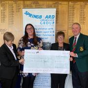 Worlebury GC presnet Springboard Opportunity Group with a cheque for £9,000. From left to right, Carol Cockerum Worlebury Lady Captain, Nikki Tamms Springboard Group, Janet Jamieson Worlebury and Club Captain Barry Saunders. Pic Worlebury GC.