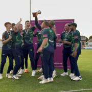 Uphill Castle CC celebrate winning the Somerset Cup after beating Castle Cary in the final at the Cooper Associates County Ground.