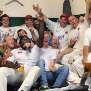 Congresbury CC celebrate beating Downend by one run to clinch the Bristol & District Senior Division championship.