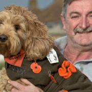 Philip Lloyd-Evans with his dog Lottie who had helped him sell poppies for Remembrance Day.