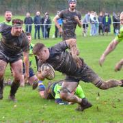 Oscar Browne scores for Winscombe RFC at Old Centralians.