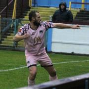 Sam Avery celebrates scoring his first goal of the season for Weston AFC at Weymouth.