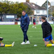Weston manager Scott Bartlett with his players before the game against Worthing