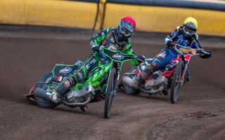 Somerset Rebels Select v Plymouth Gladiators action; Todd Kurtz leads Plymouth's Nathan Stoneman at a meeting in 2019.