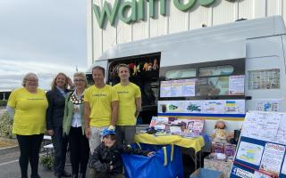 The Teddy Busz team, with mayor Cllr Sonia Russe and Waitrose manager, before they set off for Hungary.